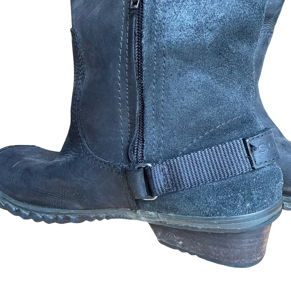 Sorel Slimboot Tall Black Oiled Leather Suede Side Zip Winter Boots Shoes sz 8